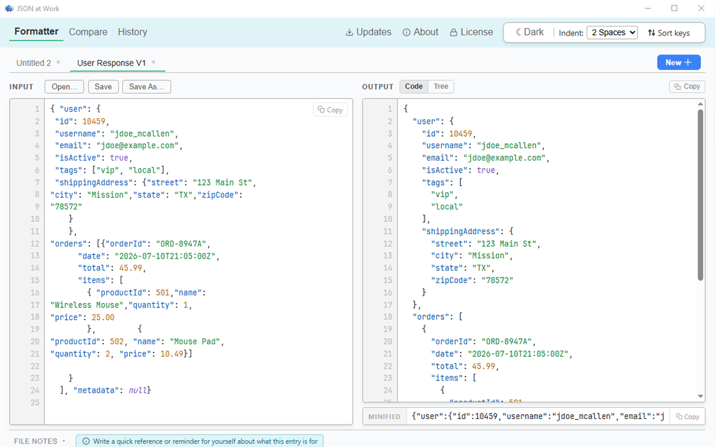 The JSON at Work desktop app main window. The left panel contains a raw minified JSON API response. The right panel shows the same JSON prettified with 2-space indentation and syntax highlighting: string values in green, numbers in amber, booleans in purple, keys in blue. The toolbar shows four tabs: Format, Minify, Diff, and History.