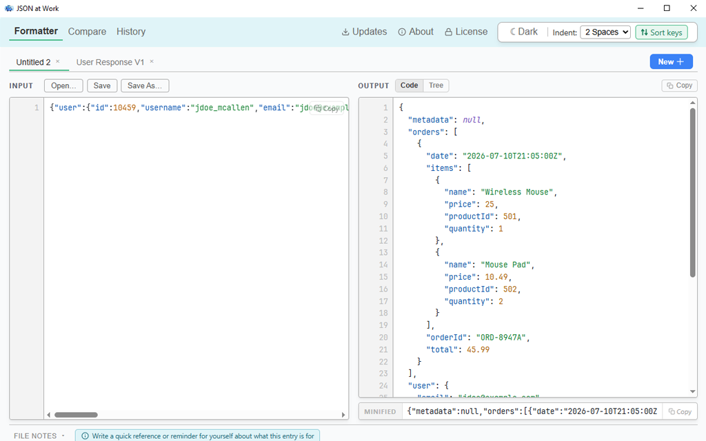 Format tab: minified JSON wall of text on the left. Right panel shows the same content with 2-space indentation and full syntax highlighting. Strings in green, numbers in amber, booleans in purple, keys in blue. Controls for indent size and sort-keys checkbox are visible in the toolbar.