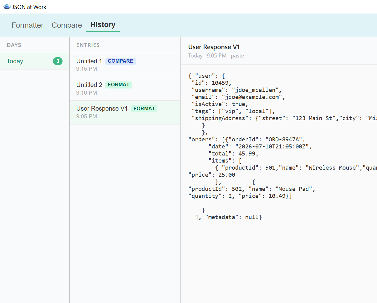 History panel as a sidebar. Entries grouped by date: Today, Yesterday, June 10, etc. Each shows a filename or auto-label, a timestamp, and a JSON snippet. The selected entry is highlighted, with full content visible in the editor to the right.