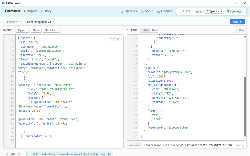 Minify tab: formatted multi-line JSON on the left, compact single-line output on the right. A stats bar along the bottom reads '4.2 KB → 1.1 KB (74% smaller)'. A prominent Copy button sits near the output.